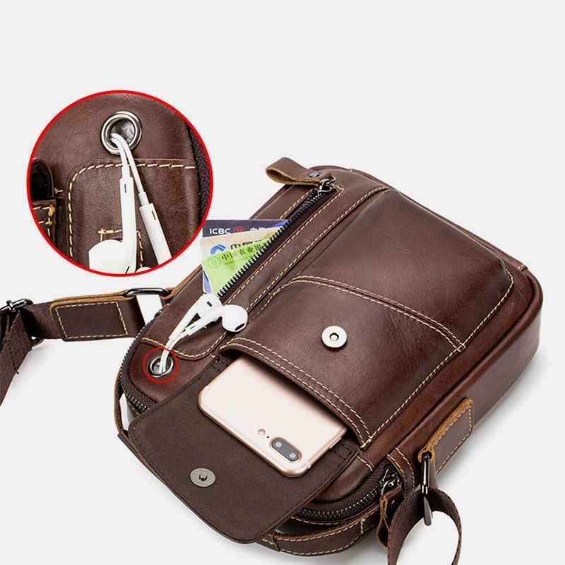 Ekte Skinn For Herre Slitasjebestandig Hodetelefonhull Multilomme Vintage Crossbody Bag Skulderveske