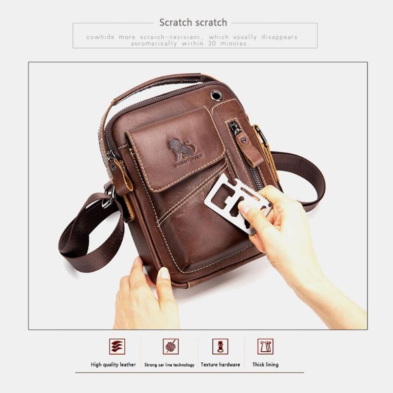 Ekte Skinn For Herre Slitasjebestandig Hodetelefonhull Multilomme Vintage Crossbody Bag Skulderveske