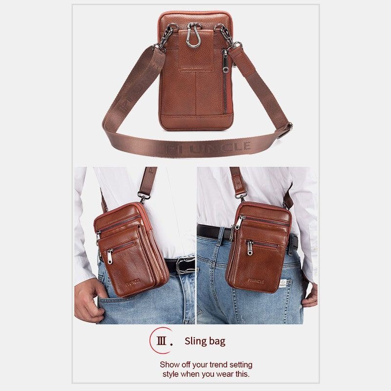 Herre Ekte Skinn Kuskinn Multi-bære Retro 7.2 Tommers Telefon Crossbody Bag Hengende Belte Bag Midjeveske