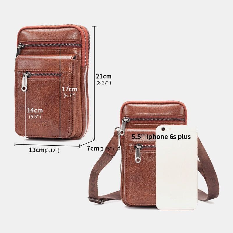 Herre Ekte Skinn Kuskinn Multi-bære Retro 7.2 Tommers Telefon Crossbody Bag Hengende Belte Bag Midjeveske