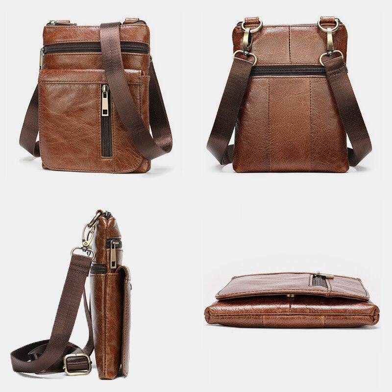 Herre Ekte Skinn Multi-lomme Casual Business 6.3-tommers Telefonveske Crossbody-vesker Første Lags Kuskinn Skulderveske