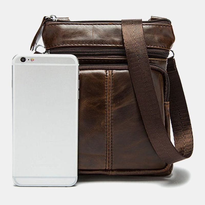 Herre Ekte Skinn Multi-lomme Casual Business 6.3-tommers Telefonveske Crossbody-vesker Første Lags Kuskinn Skulderveske