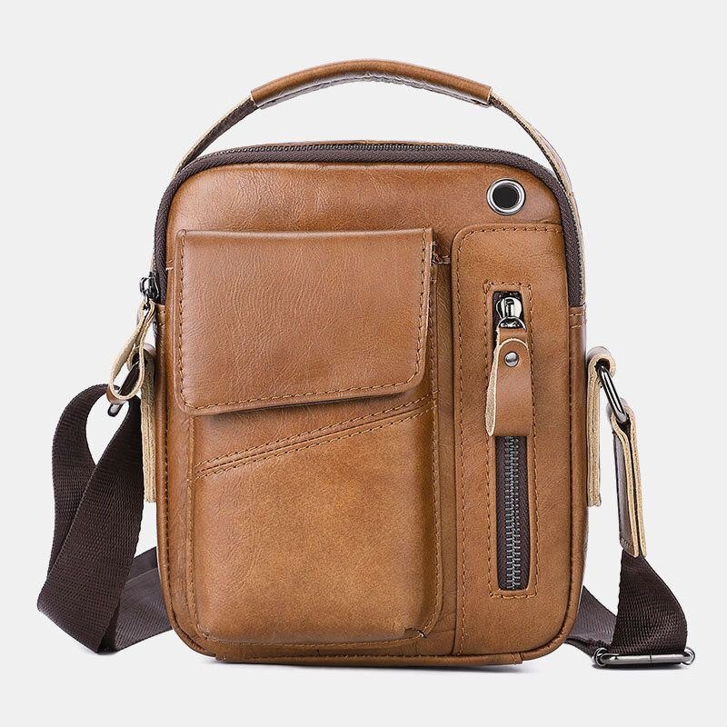 Herre Ekte Skinn Multi-lomme Hodetelefonhull Vintage 6.5 Tommers Telefonveske Crossbody-veske Skulderveske Messenger-koffert