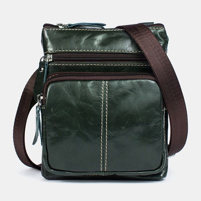 Herre Ekte Skinn Retro Business Ensfarget Skinn Glidelås Crossbody Bag Skulderveske