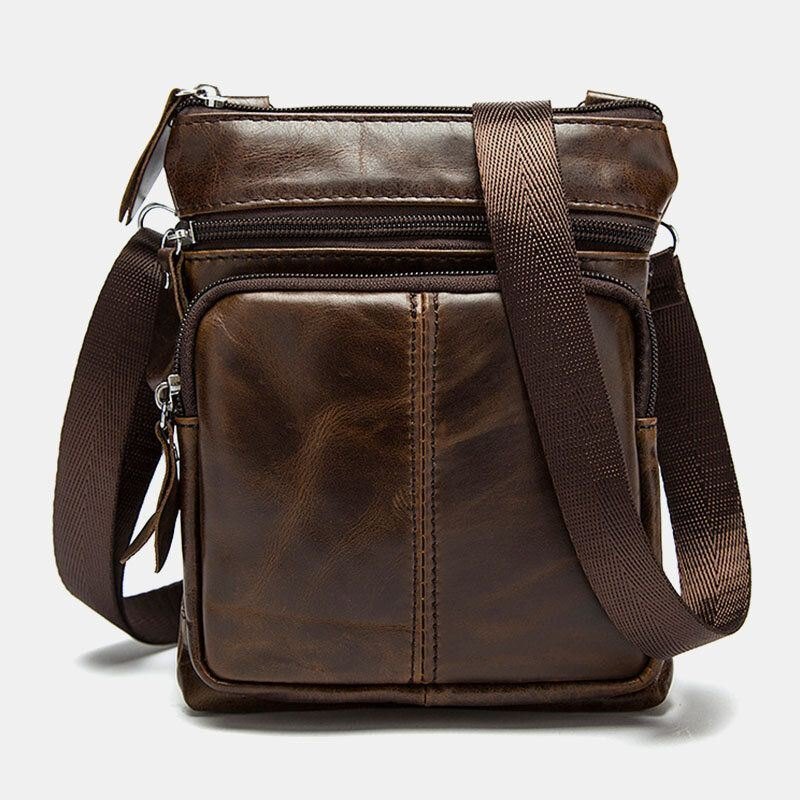 Herre Ekte Skinn Retro Business Ensfarget Skinn Glidelås Crossbody Bag Skulderveske