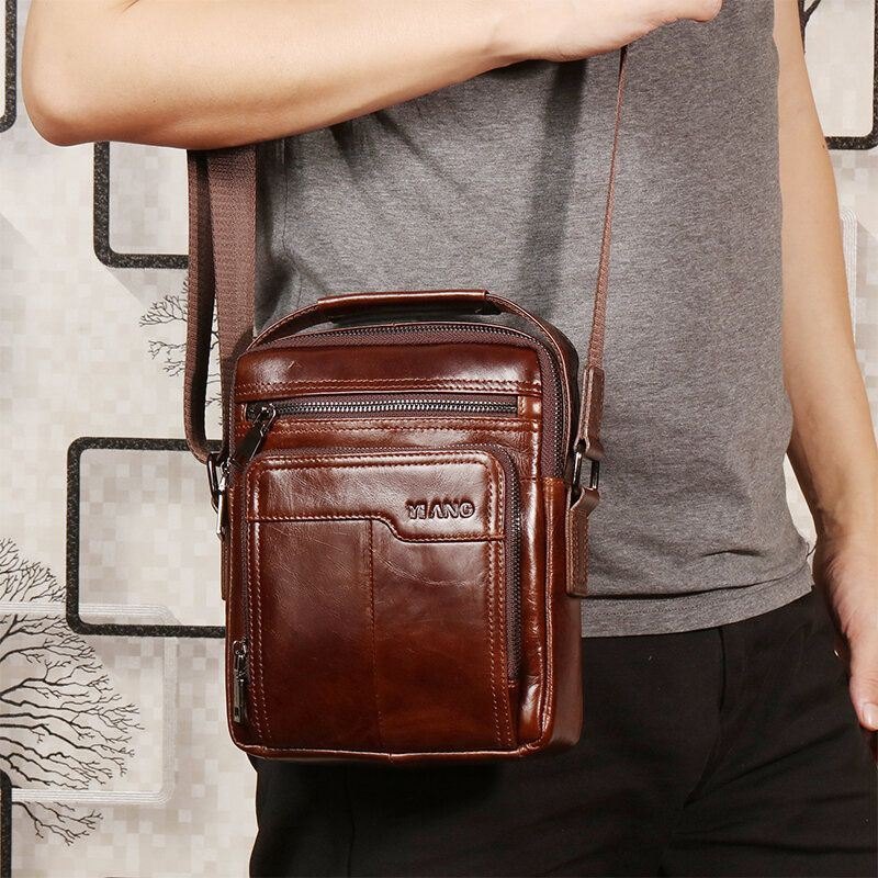 Herre Første Lag Kuskinn Dobbel Frontlomme 7.9 Tommer Ipad Mini Messenger Bag Crossbody Bag Lærerveske