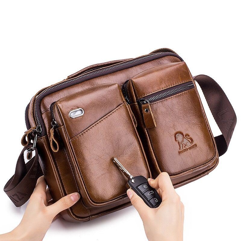 Herre Genuine Leather Crossbody Bag Øretelefon Kuskinnsveske