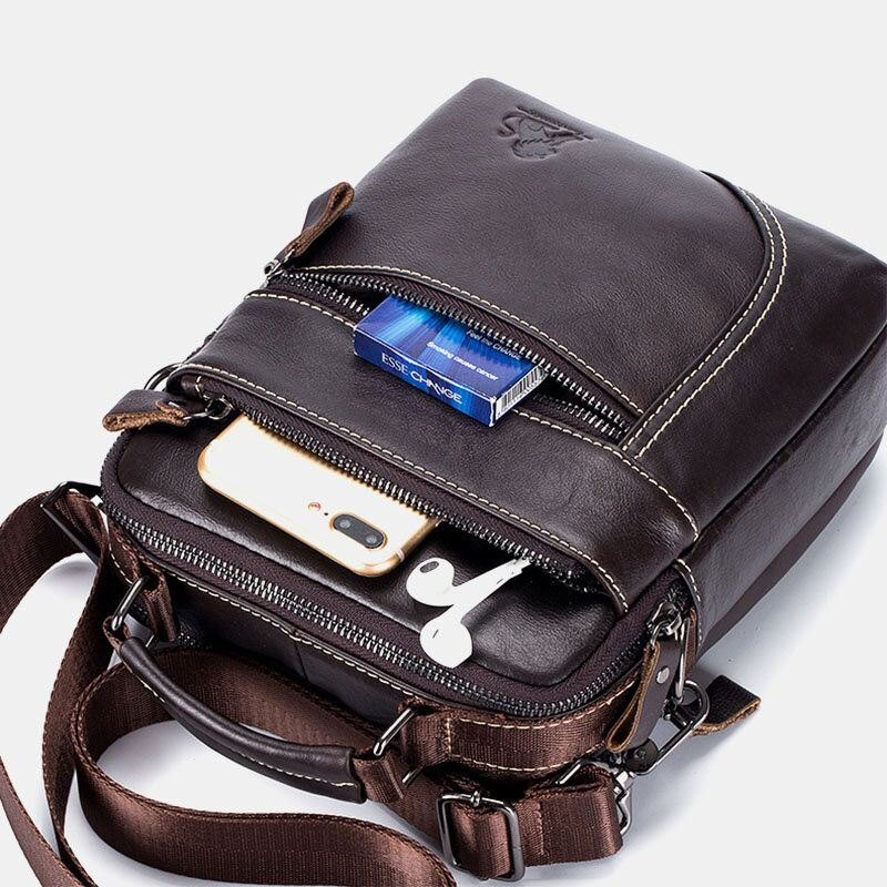 Herre Kuskinn Dobbel Glidelåslomme Multifunksjons Messenger Bag Crossbody Skulderveske