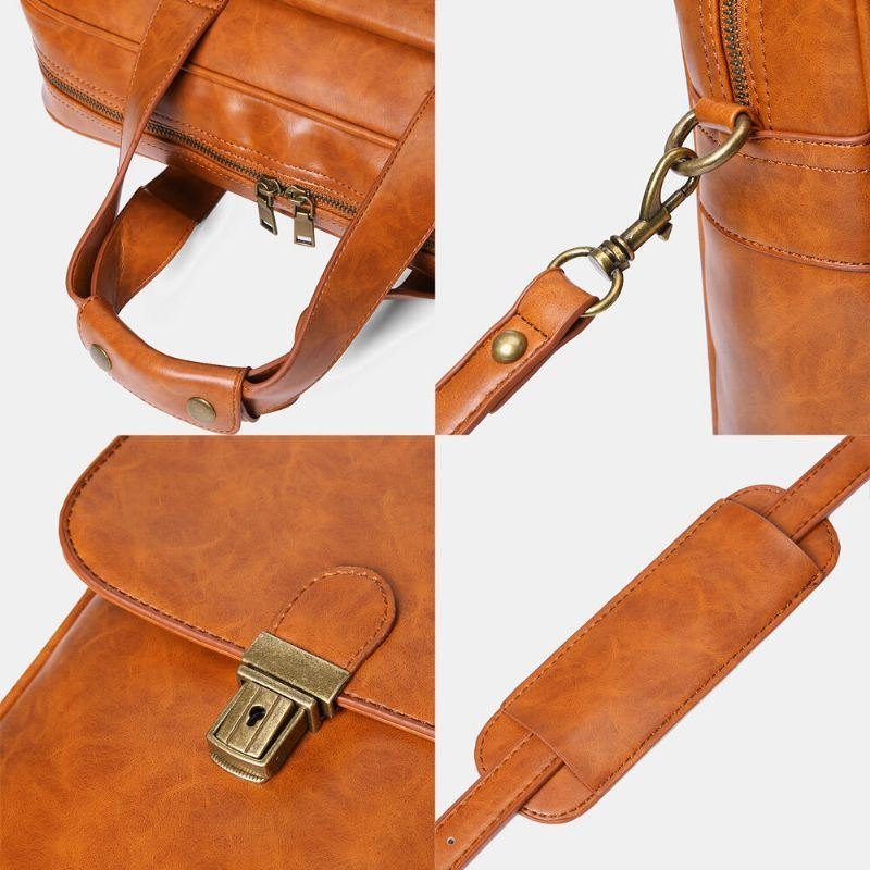 Herre Pu Lær Multi-lomme 14 Tommers Bærbar Veske Messenger Bag Reise Crossbody Bag Håndveske