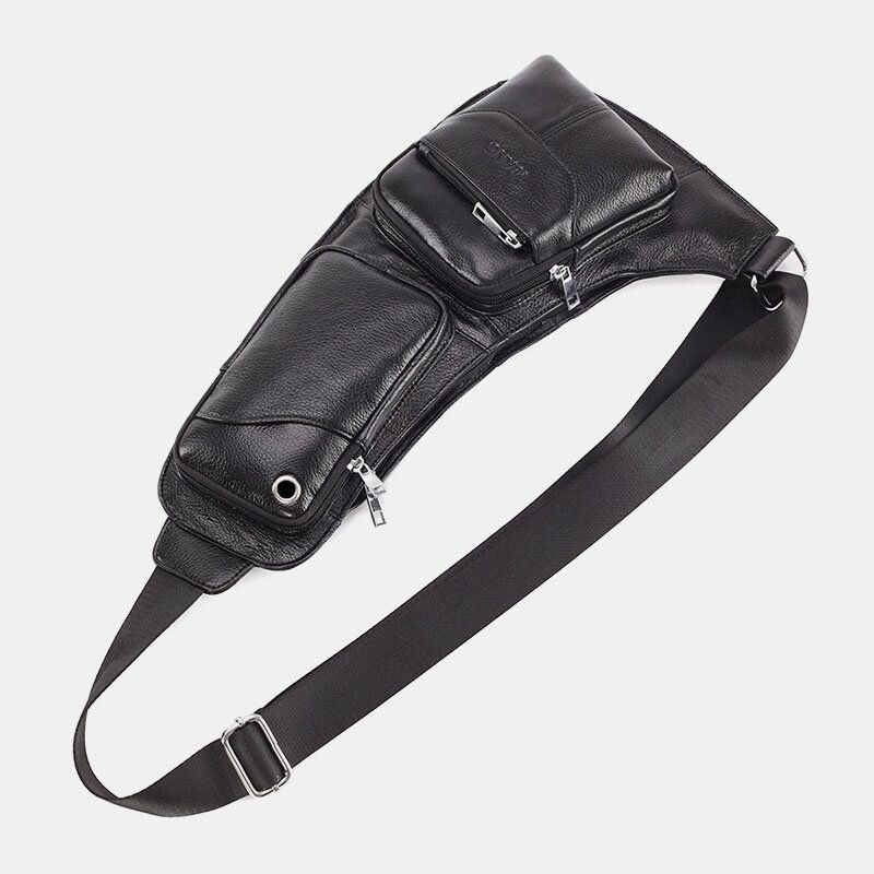 Herre Solid Ekte Lær Hodetelefonplugg Crossbody Bag Brystveske Sling Bag