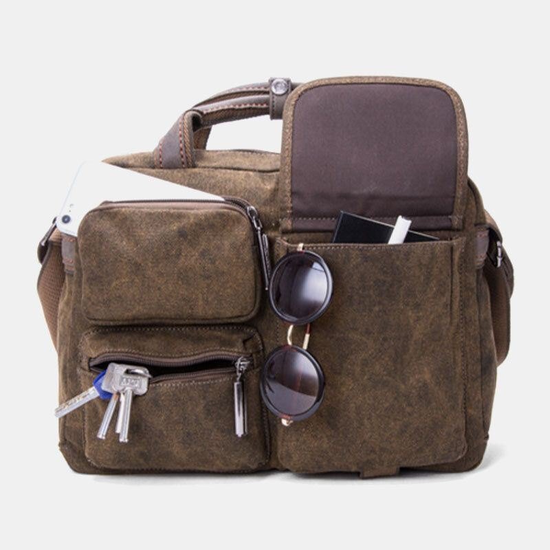 Herre Thicken Canvas Multi-lomme Stor Kapasitet Crossbody Skulderveske Rygg Anti-tyveri Lomme Håndveske