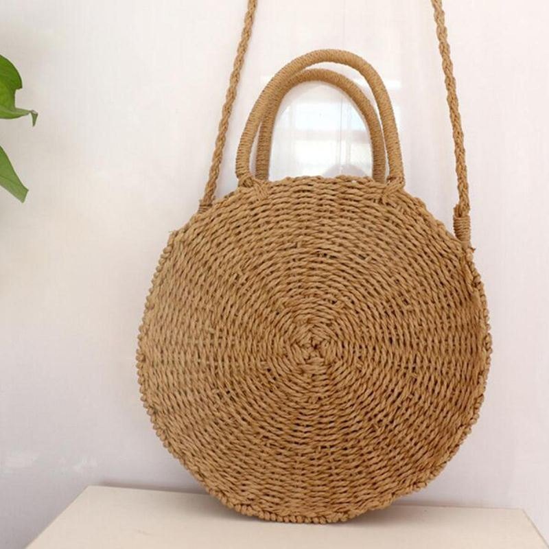 Rund Dame Jenter Straw Rattan Bag Circle Håndveske Håndvevd Summer Beach Bali