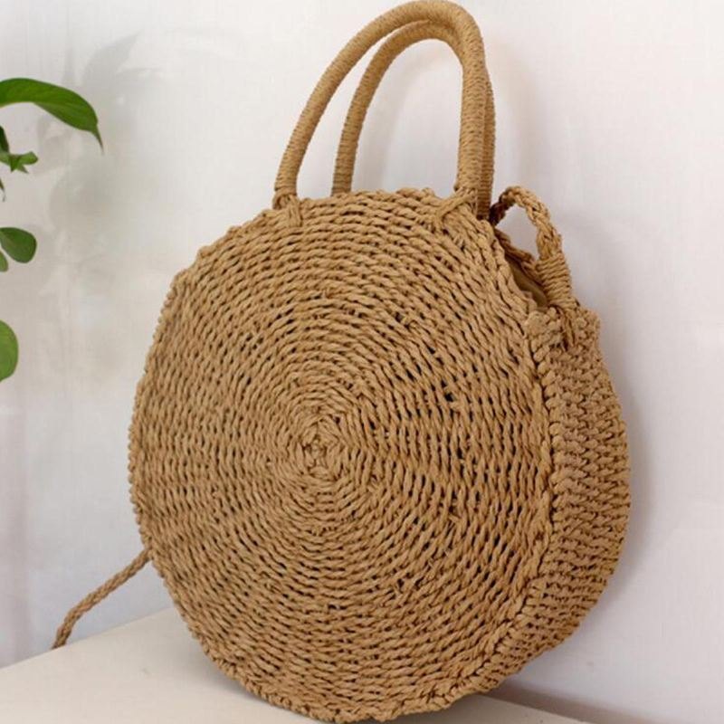 Rund Dame Jenter Straw Rattan Bag Circle Håndveske Håndvevd Summer Beach Bali