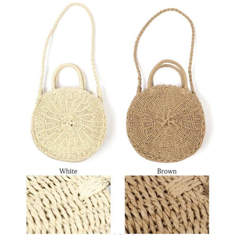 Rund Dame Jenter Straw Rattan Bag Circle Håndveske Håndvevd Summer Beach Bali