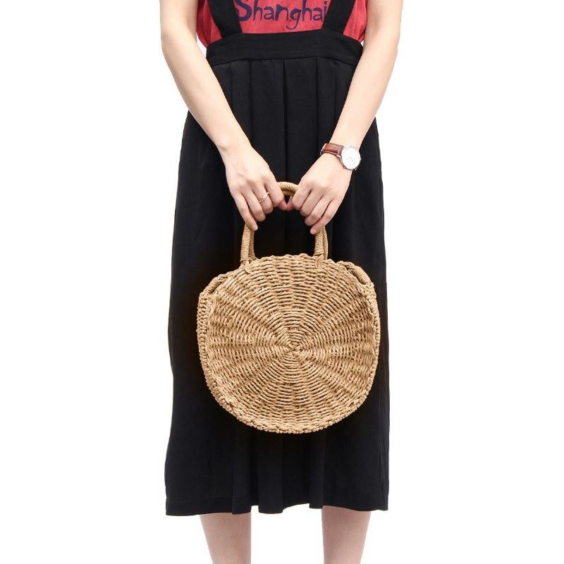 Rund Dame Jenter Straw Rattan Bag Circle Håndveske Håndvevd Summer Beach Bali