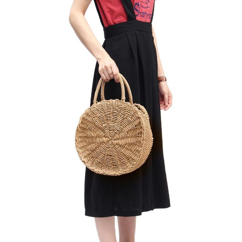 Rund Dame Jenter Straw Rattan Bag Circle Håndveske Håndvevd Summer Beach Bali