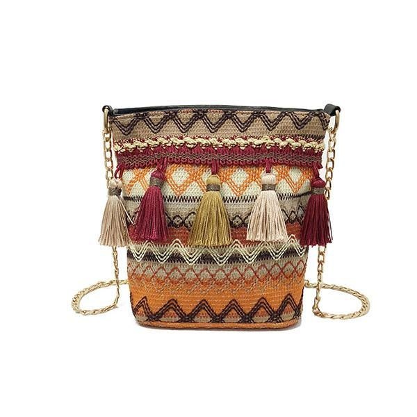 Women Weaving Tassel National Crossbody Bag Chic Bucket Bag