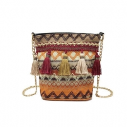 Women Weaving Tassel National Crossbody Bag Chic Bucket Bag