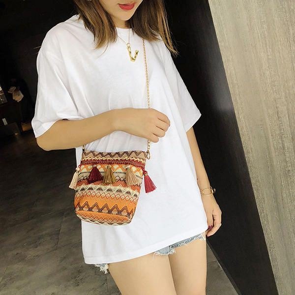 Women Weaving Tassel National Crossbody Bag Chic Bucket Bag