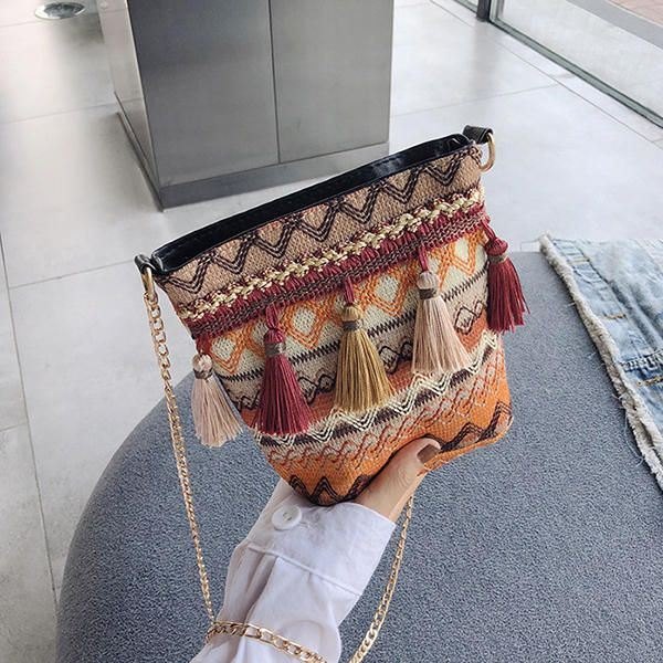 Women Weaving Tassel National Crossbody Bag Chic Bucket Bag