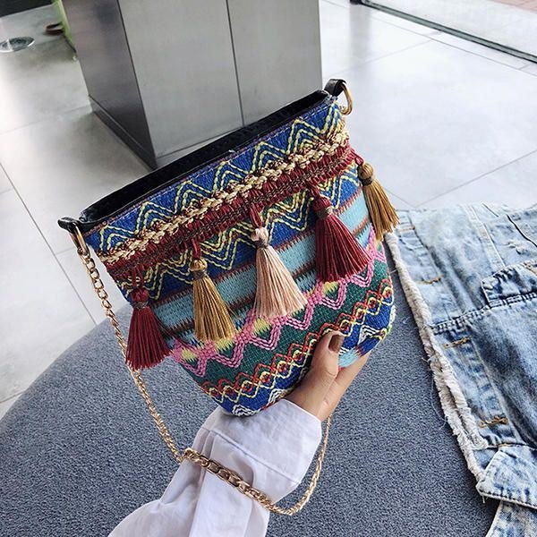 Women Weaving Tassel National Crossbody Bag Chic Bucket Bag