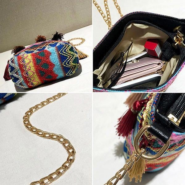 Women Weaving Tassel National Crossbody Bag Chic Bucket Bag