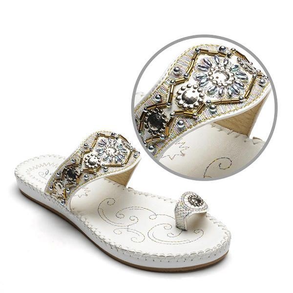 Dame Bohemia Sandals Clip Toe Flat Broderi Casual Beach Slipper