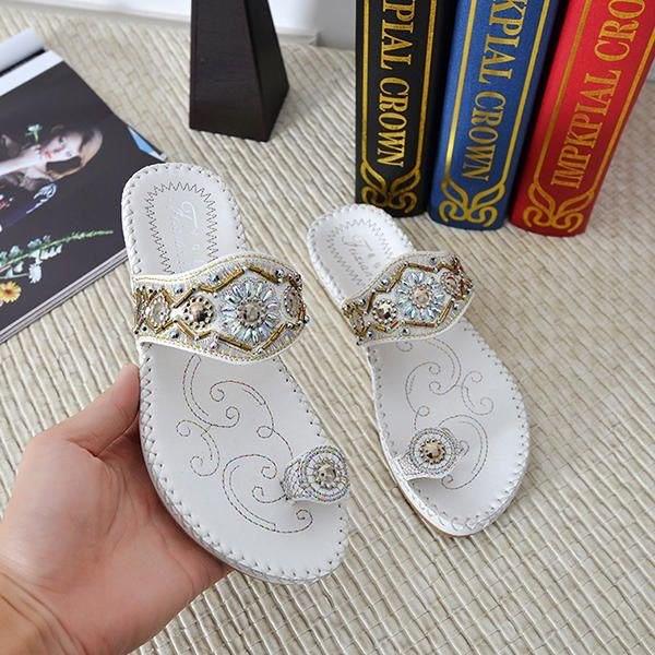 Dame Bohemia Sandals Clip Toe Flat Broderi Casual Beach Slipper