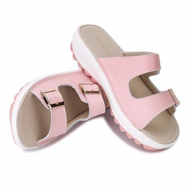 Dame I Stor Størrelse Mykt Skinnspenne Peep Toe-tøfler Slip On Beach Platform Sandaler