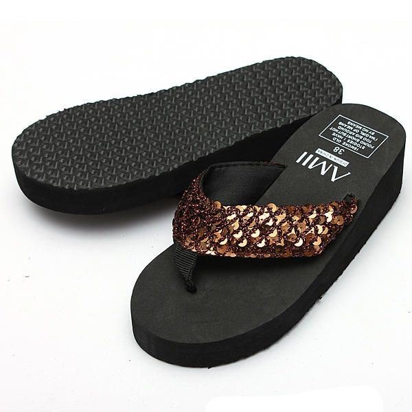 Dame Paljetter Summer Beach Flip Flops Wedge Sandaler