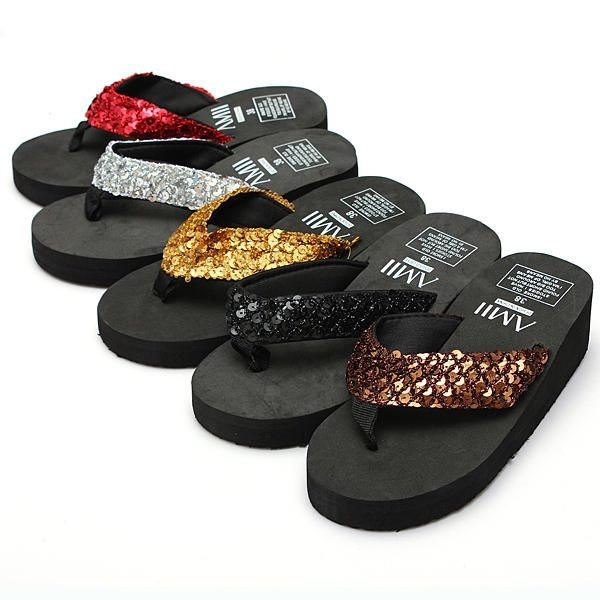 Dame Paljetter Summer Beach Flip Flops Wedge Sandaler