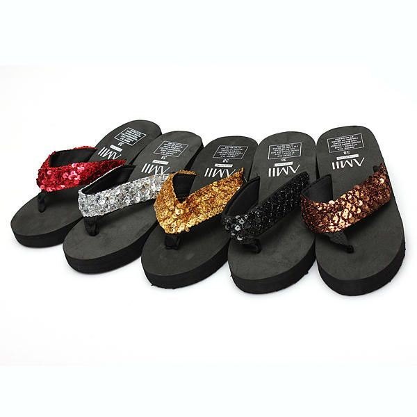 Dame Paljetter Summer Beach Flip Flops Wedge Sandaler