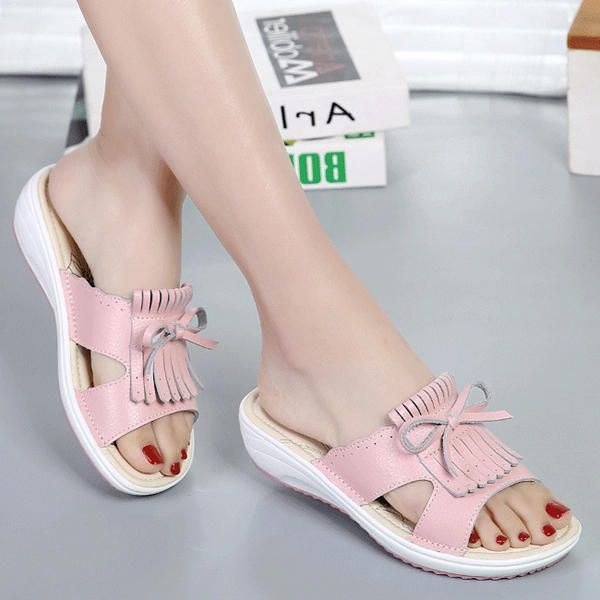 Dame Slip On Causal Shoe Leather Tassel Flat Sandaler