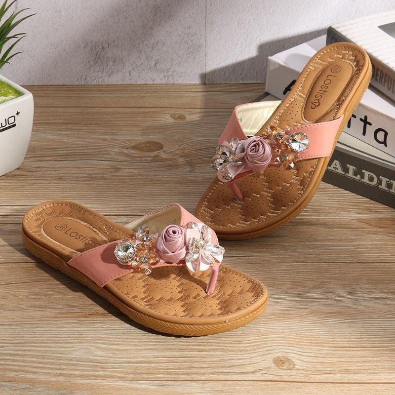 Dame Strandblomster Rhinestone Clip Toe Tøfler