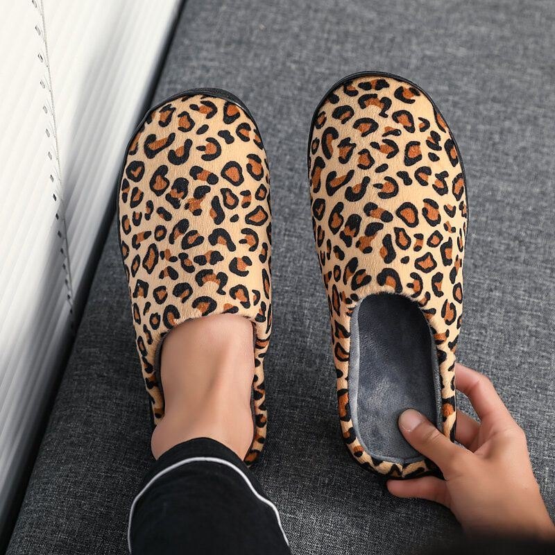 Herre Leopard Bomull Varm Sklisikker Bærbar Såle Slip-on Hjemmetøffel