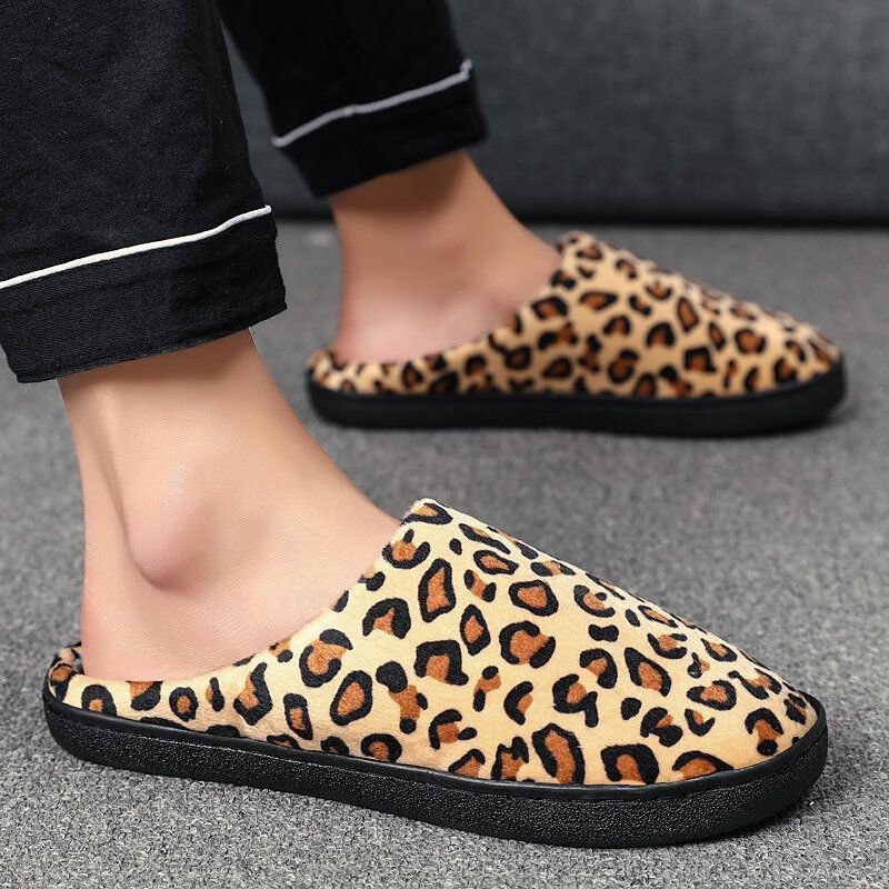 Herre Leopard Bomull Varm Sklisikker Bærbar Såle Slip-on Hjemmetøffel