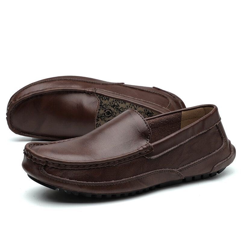 Herre Comfy Leather Loafers Sklisikker Myk Såle Casual Slip On Flat Sko