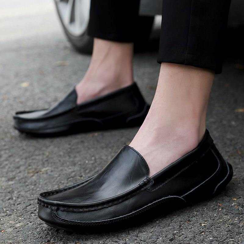 Herre Comfy Leather Loafers Sklisikker Myk Såle Casual Slip On Flat Sko