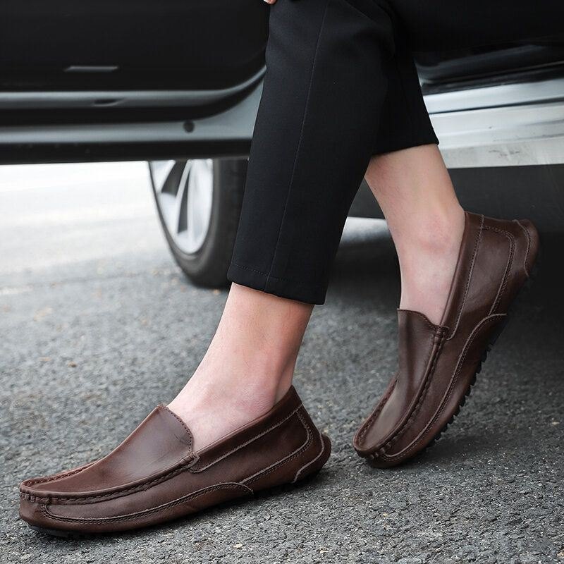 Herre Comfy Leather Loafers Sklisikker Myk Såle Casual Slip On Flat Sko