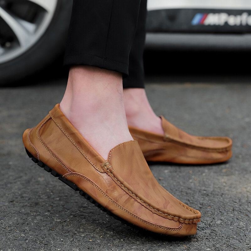 Herre Comfy Leather Loafers Sklisikker Myk Såle Casual Slip On Flat Sko