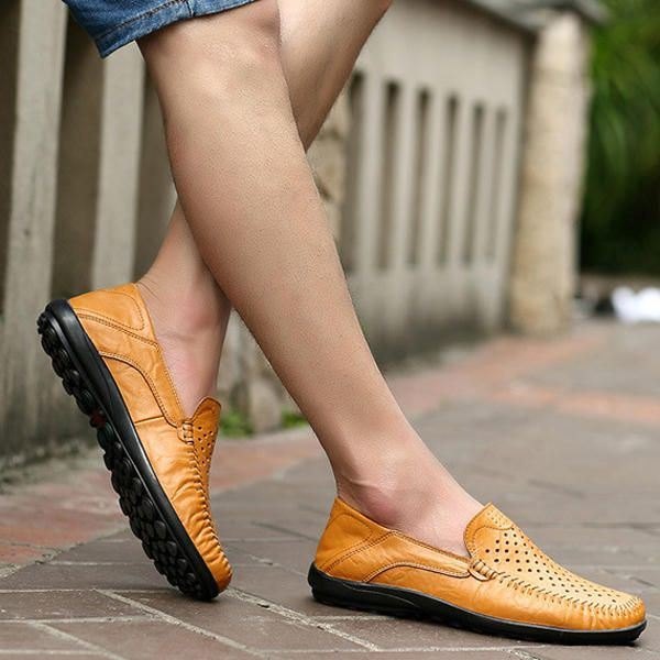 Herre Flats Casual Outdoor Leather Slip-on Hollow Out Flats Sko