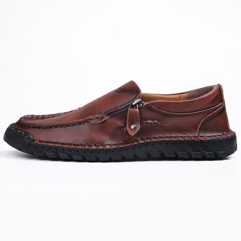 Herre Håndsøm Skinn Myk Sideglidelås Business Casual Slip On Flat Sko