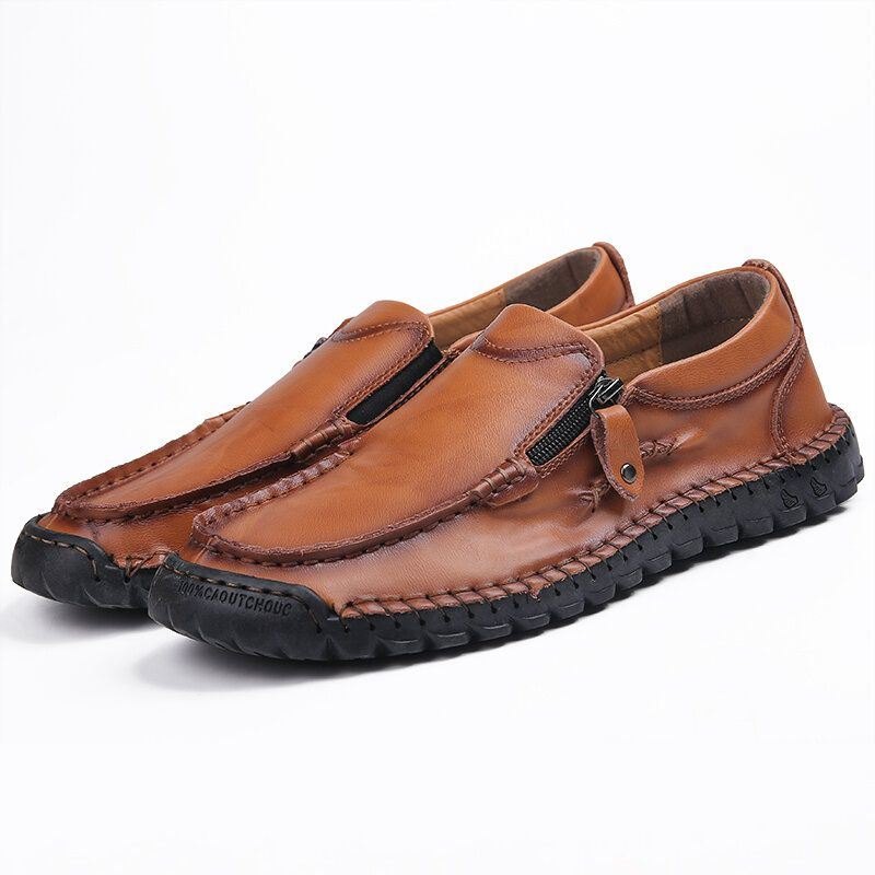 Herre Håndsøm Skinn Myk Sideglidelås Business Casual Slip On Flat Sko