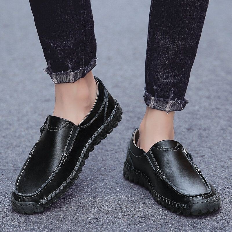 Herre Håndsøm Skinn Myk Sideglidelås Business Casual Slip On Flat Sko