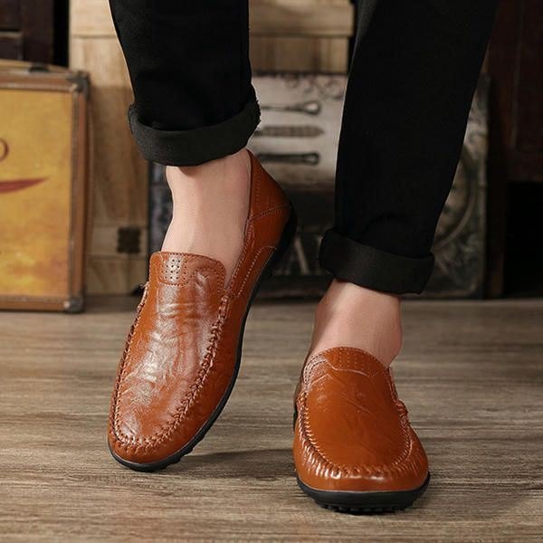 Herre Leather Flat Casual Myk Utendørs Pustende Flats Loafers Sko