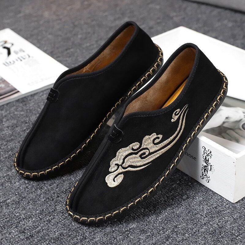 Herre Retro Broderi Semsket Skinn Comfy Slip On Loafers Uformelle Kjøresko