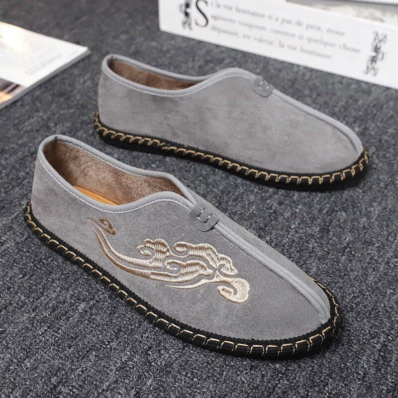 Herre Retro Broderi Semsket Skinn Comfy Slip On Loafers Uformelle Kjøresko