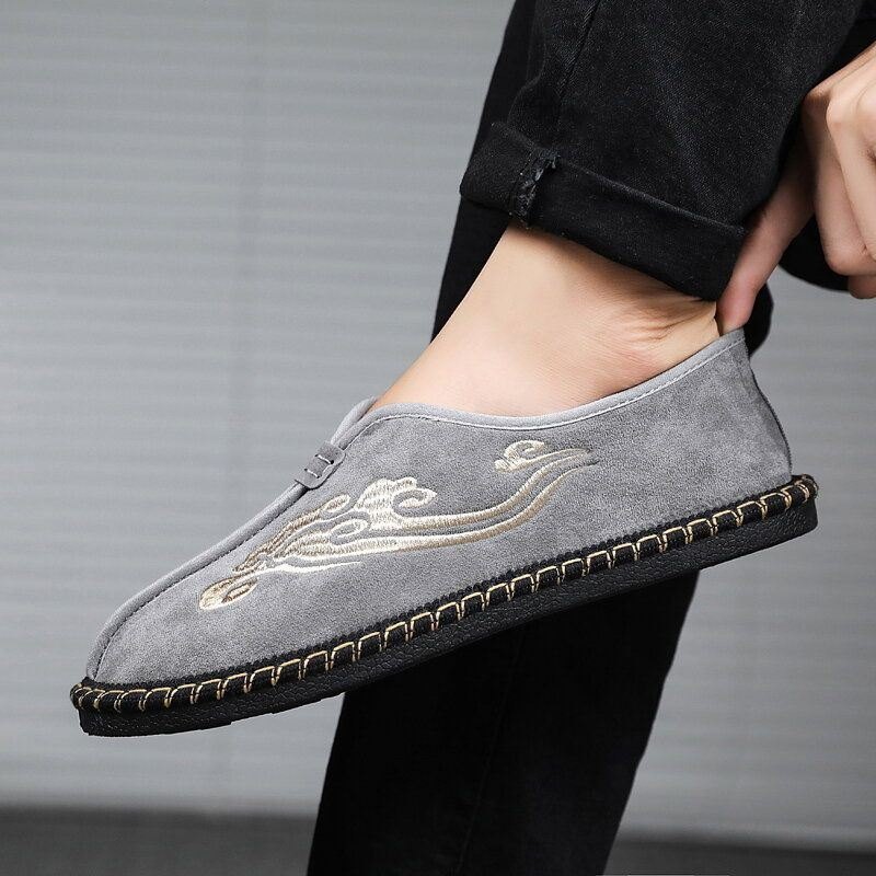 Herre Retro Broderi Semsket Skinn Comfy Slip On Loafers Uformelle Kjøresko