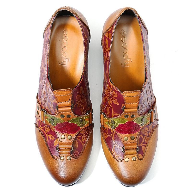 Cowgirl For Dame Håndmalt Retro Blomstermønster Nagle Ekte Lær Lavhæl Slip On Pumps