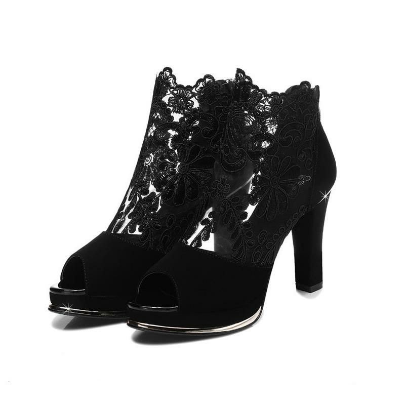 Dame Black Mesh Lace Peep Toe Pumps Med Høy Hæl